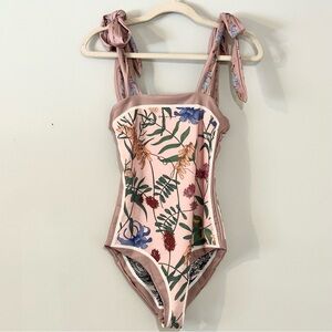 Reversible Floral One Piece Swimsuit Pink Botanical Tie Strap Size M Unworn